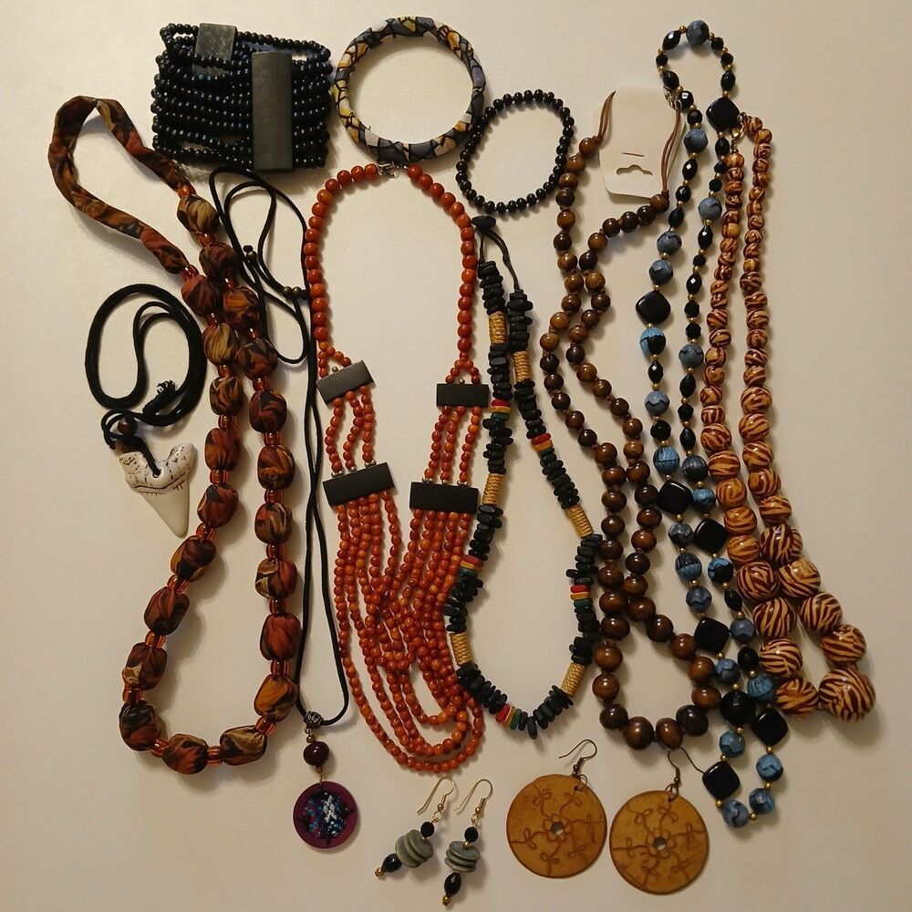 Boho Tribal Jewelry 13pc Lot Wood Bead Statement Necklaces Bracelets Earrings